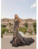 Plunging Neck Black Sequined Lace Tulle Wedding Dress